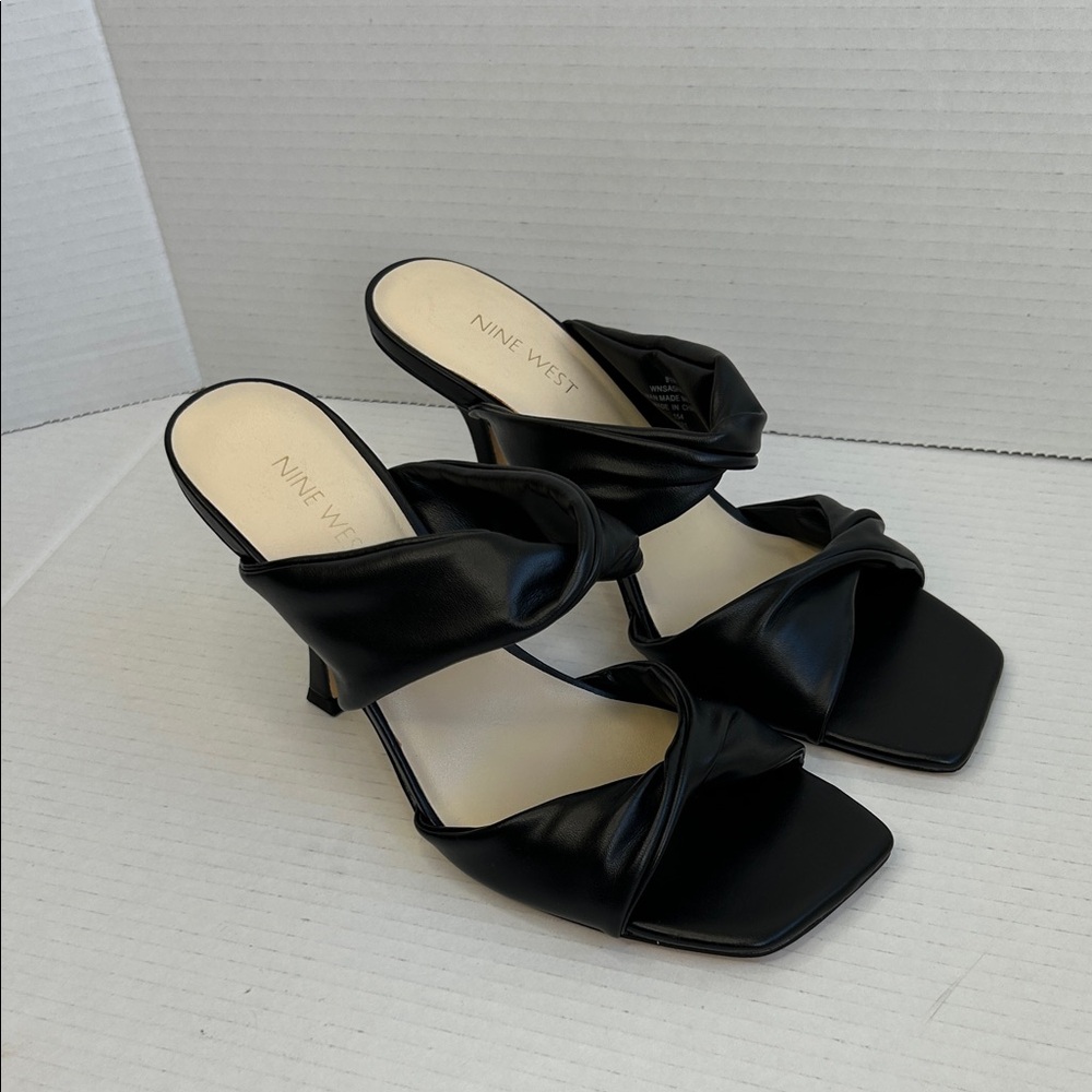 Nine West Black Square Toe Strappy Mule Heels 9.5M NWOT